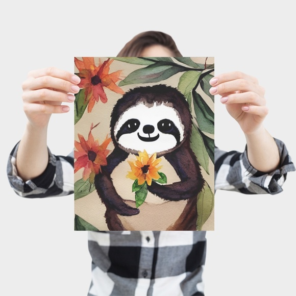 Wall Art Watercolor Floral Cute Sloth Illustration Print Poster Card Unframed - Picture 3 of 5